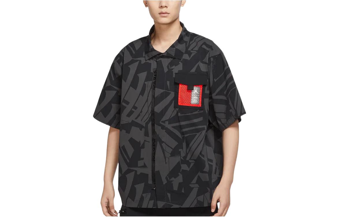 Men's Air Jordan Logo Full Print Chest Zipper Cardigan Short Sleeve Black Shirt DM3109-010