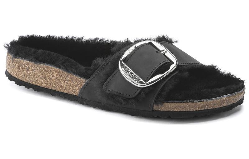 (WMNS) Birkenstock Madrid Big Buckle Shearling Oiled Leather Narrow Fit Sandals 'Black' 1020136