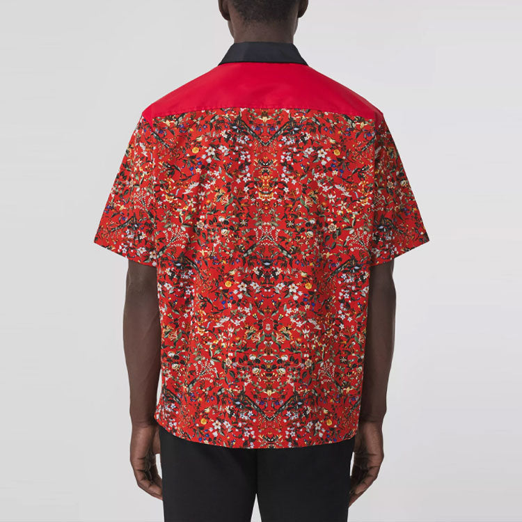 Men's Burberry SS21 Flowers Printing Zipper Short Sleeve Shirt Red 80415431