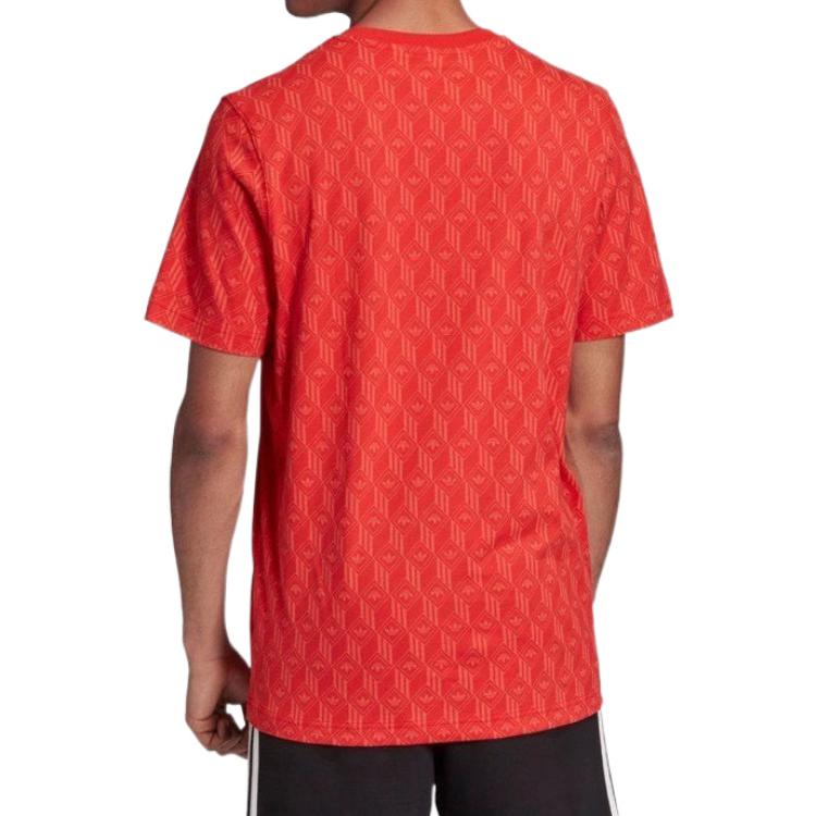 Men's adidas originals Plaid Logo Full Print Round Neck Short Sleeve Orange T-Shirt FM3426