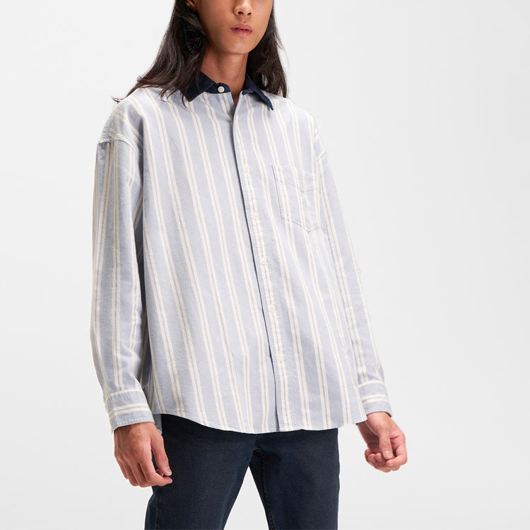 Men's Levis Series Lapel Pure Cotton Stripe Long Sleeves Blue Shirt 52355-0000