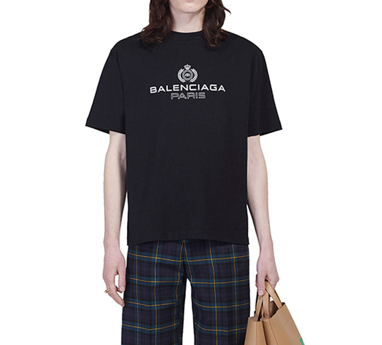 Men's Balenciaga Retro Knit BB Paris Printing Short Sleeve Version Black 594579TGV601000