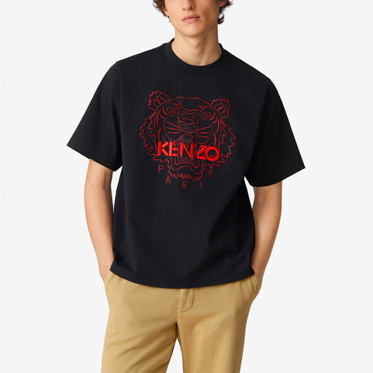 Men's KENZO China Capsule Series Alphabet Tiger Head Embroidered Pattern Round Neck Short Sleeve Black FB55TS0654SD-99