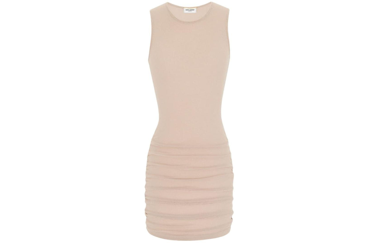 SAINT LAURENT Crewneck Ruched Detailed Mini Dress