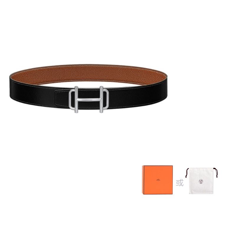 HERMES Togo Calfskin Double-Sided Leather Belt Leather Belts Men's Black/Silver Width: 3.8cm