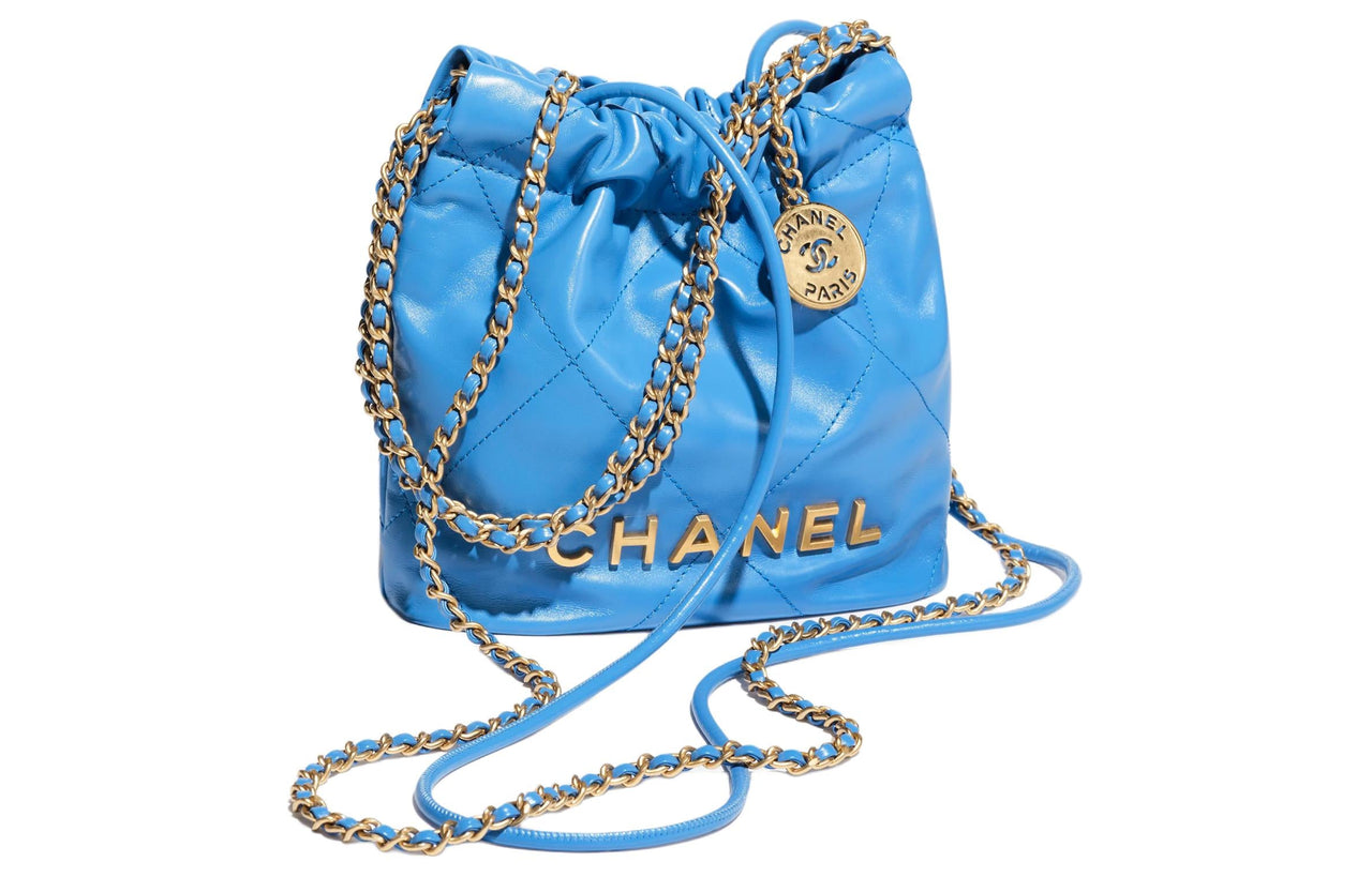 CHANEL 22Bag Shiny Calfskin Bucket Bags Shoulder Bag Crossbody Bag Mini Women's Blue