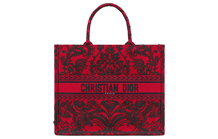DIOR BookTote Embroidery Tote Bag Shopping Bag Handbag Large Size Women's Red/Black