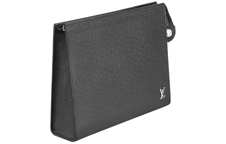 LOUIS VUITTON Pochette Voyage Taïga Cow Leather Clutches Toiletry Bags Medium Size Men's Black
