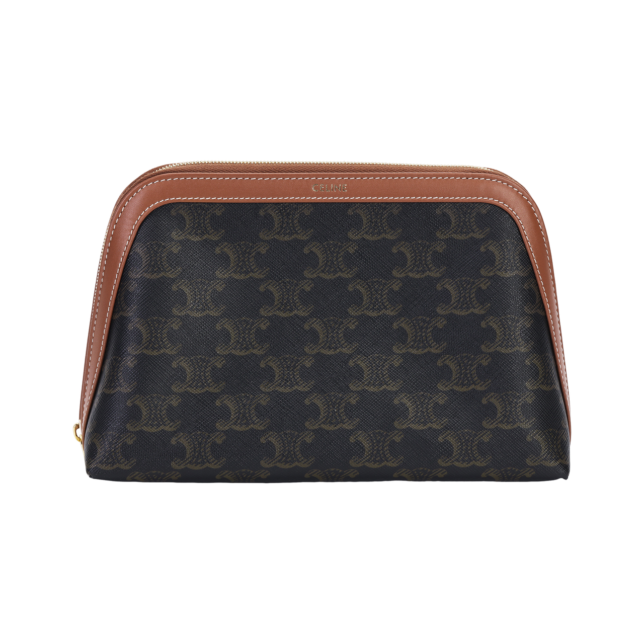 CELINE Triomphe Cow Leather Makeup Bag Medium Size Women's Tawny