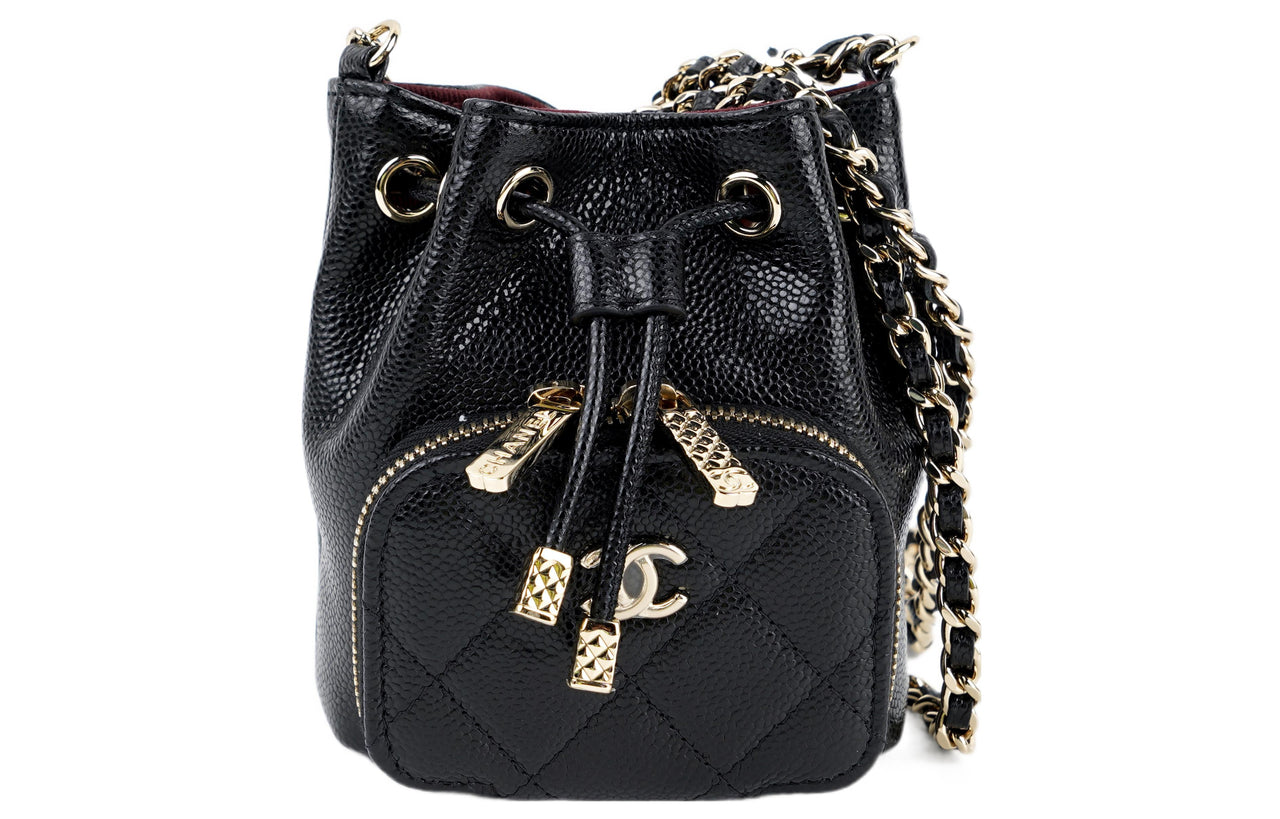 CHANEL Mini Bucket Bag With Chain Grained Calfskin Gold Black