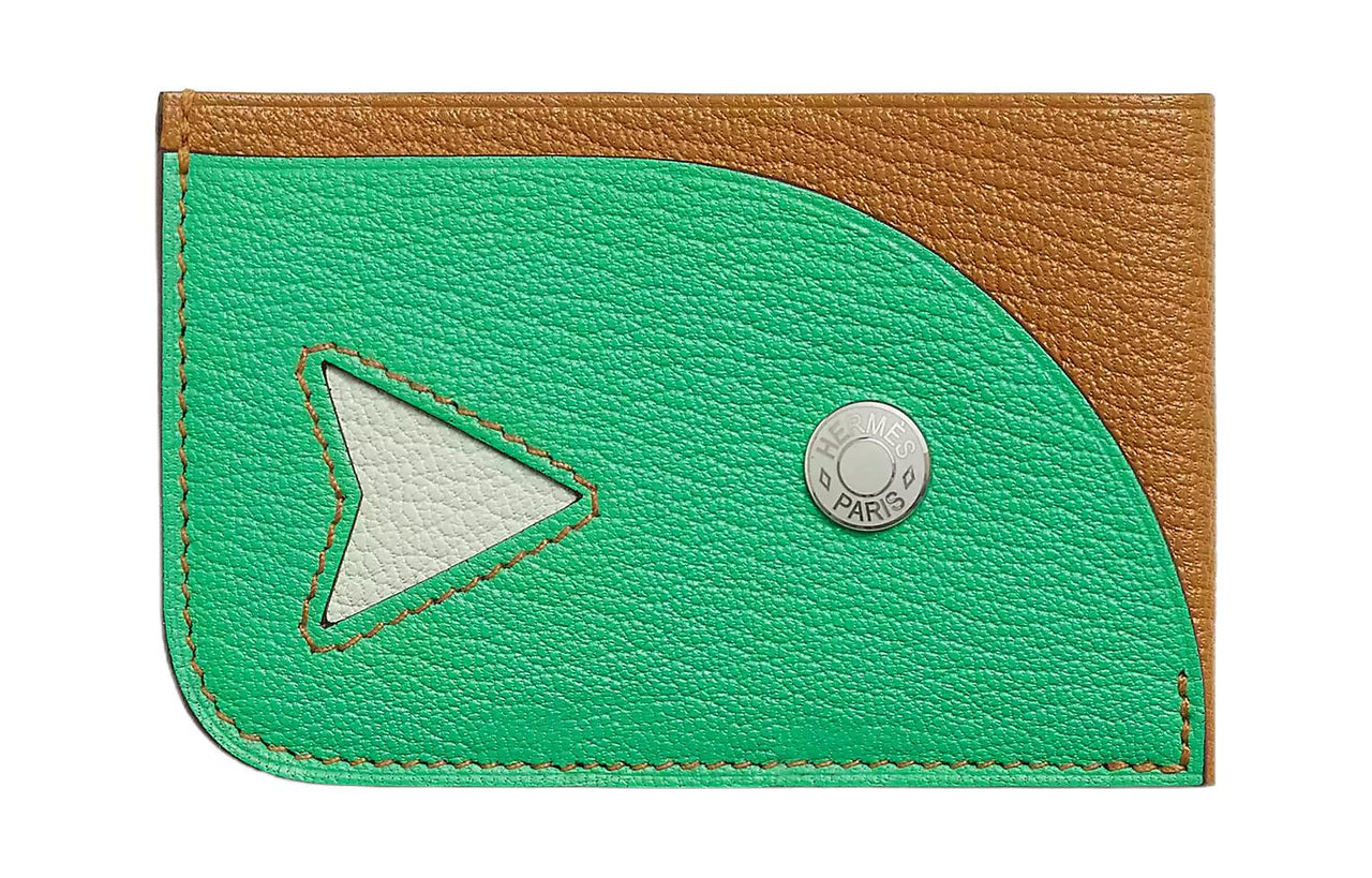 HERMES Mysore Goat Skin Card Holder Women's Caramel/Green