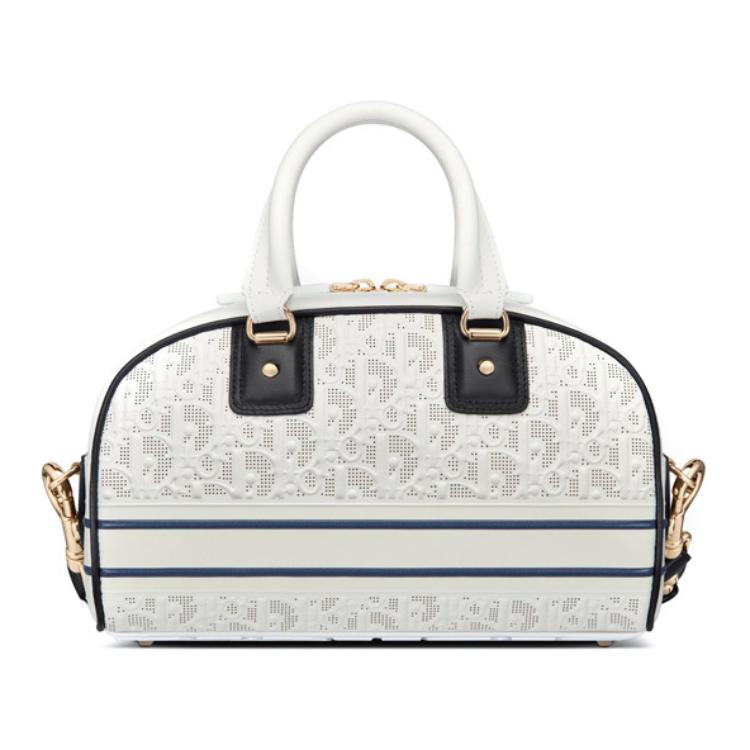 DIOR Cow Leather Bowling Bag, Shoulder Bag, Crossbody Bag, Handbag Women's White & Blue