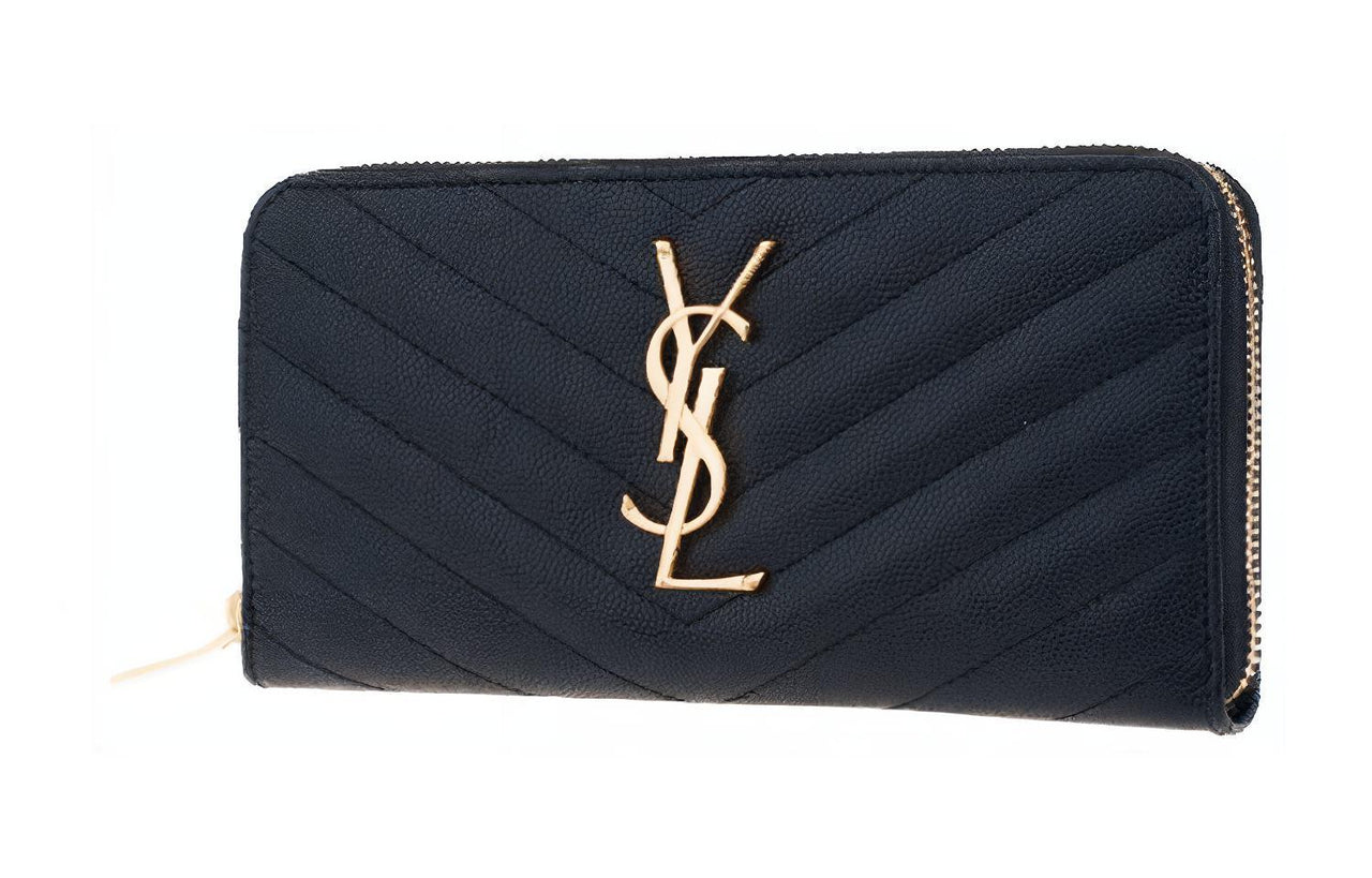 SAINT LAURENT Zip Around Wallet Large Monogram Grain De Poudre Black