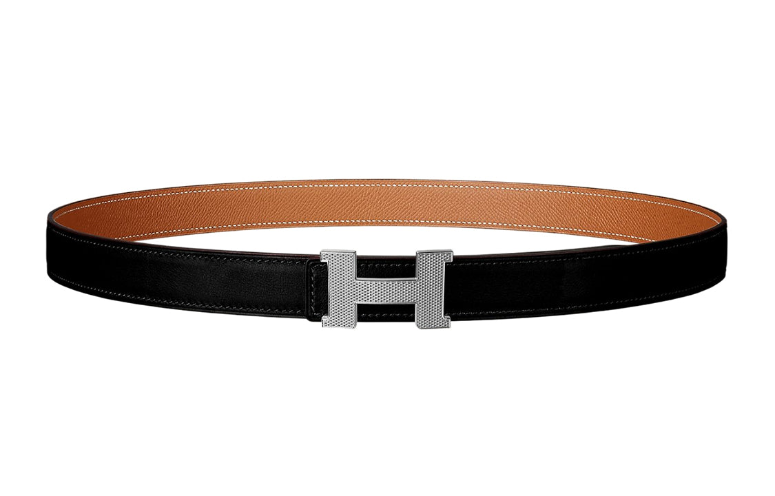 HERMES Double-Sided Silver Buckle Togo Calfskin Double-Sided Leather Belt Women's Black Width: 2.4cm