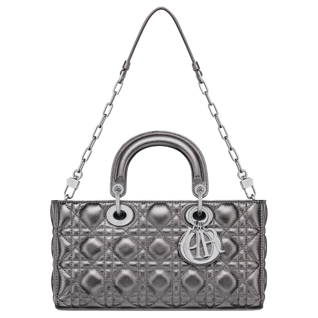 DIOR Lady D JOY Calfskin Tote Bag, Shopping Bag, Shoulder Bag, Crossbody Bag, Handbag Medium Size Women's Metallic Gray
