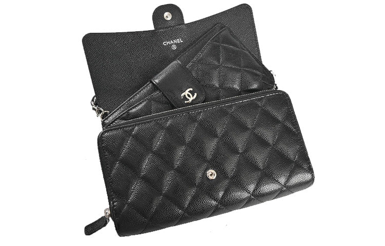 CHANEL Cow Leather Crossbody Bag Coin Purse Women's Black