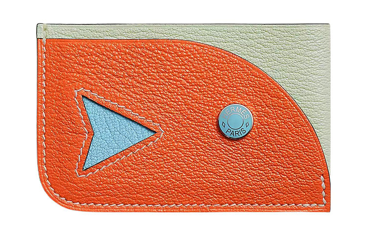 HERMES Poisson Mysore Goat Skin Card Holder Women's Squeaky Green/Light Orange/Windy Blue