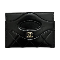 CHANEL Plaid Shiny Calfskin Card Clip Card Holder Unisex Black