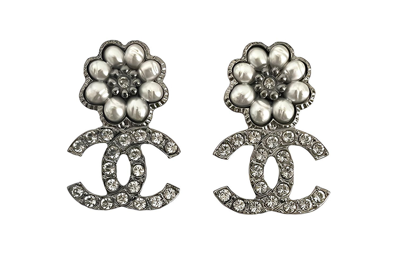 CHANEL Metal Rhinestone Earrings Women's Silver