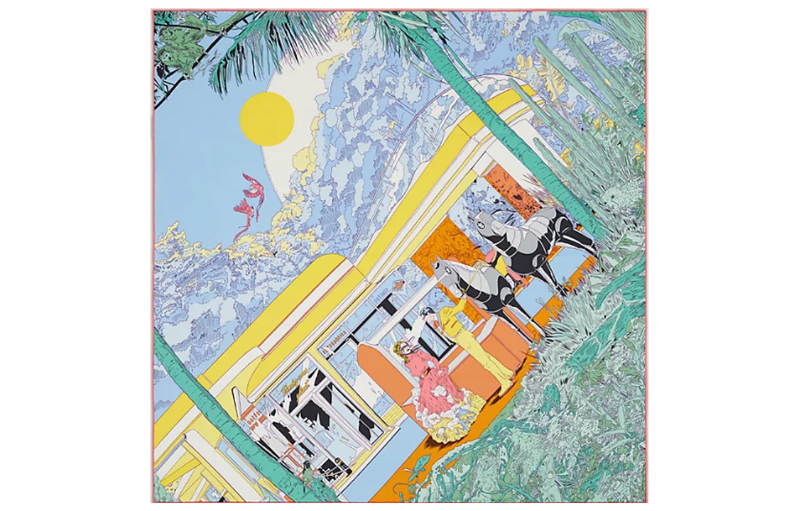 HERMES Silk Scarves Women's Blue/Green/Bright Yellow