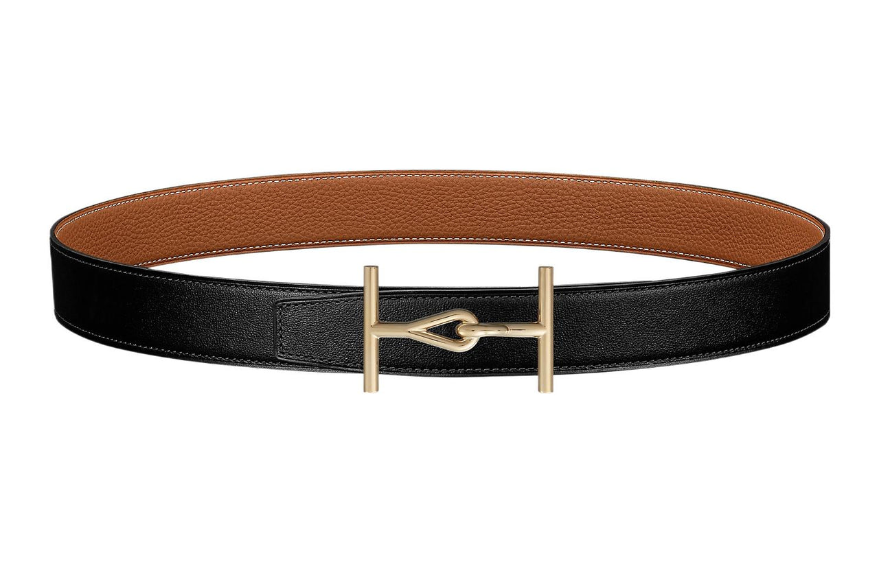 HERMES Elegant Gold Buckle Togo Calfskin Double Sided Leather Belt Men's Width 3.2CM