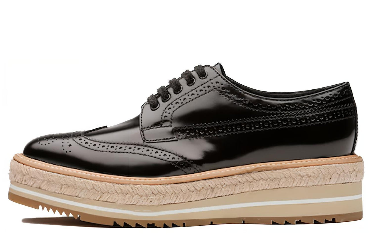 PRADA Brogue Trim Microsole Brushed Leather Shoes 'Black' Women's