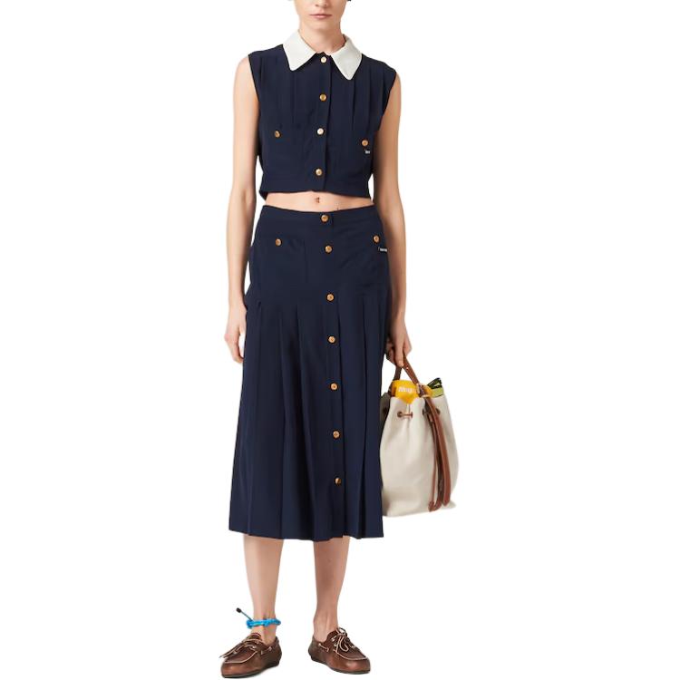 MIU MIU Pleated Marocain Top Crop Top Women's Marine Blue