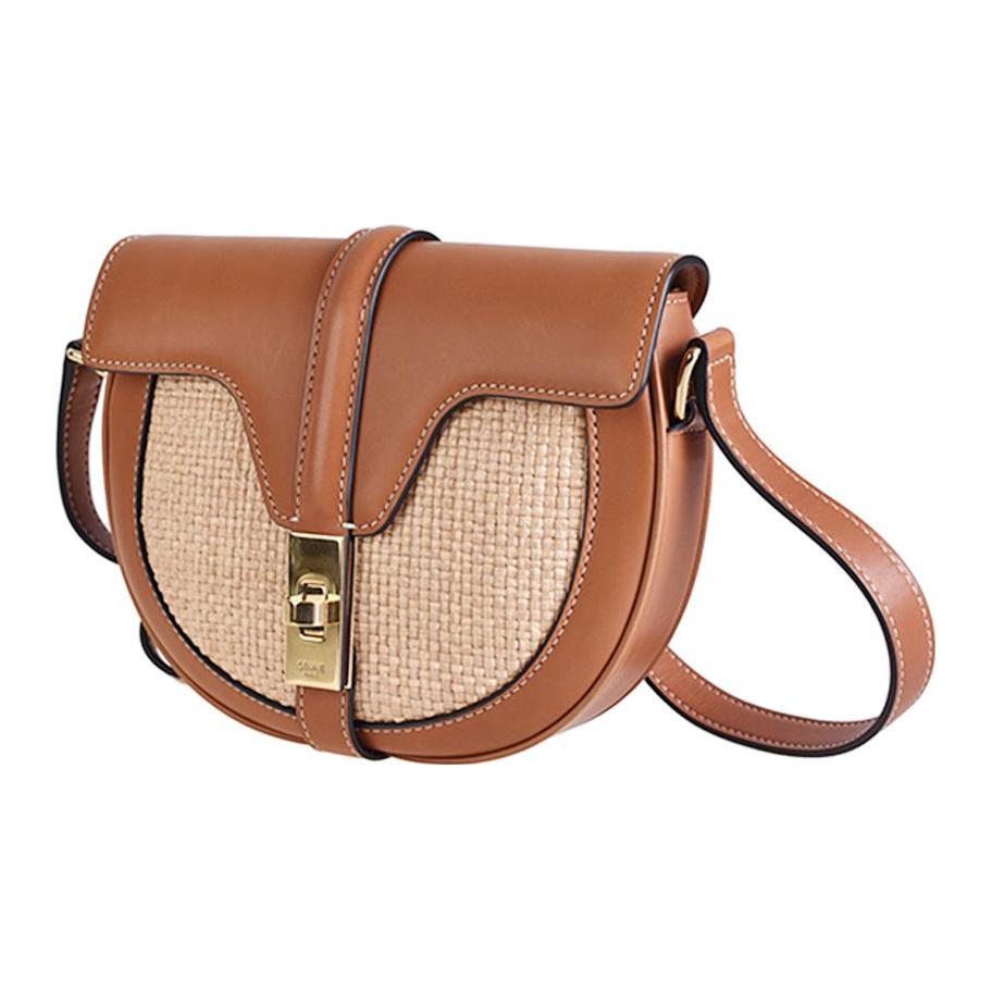CELINE 16 Fabric Cow Leather Patchwork Handbag Shoulder Bags Small Size Unisex Natural Color & Brown Umber