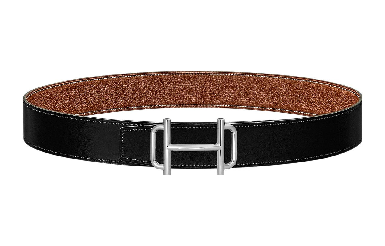 HERMES Business Silver Buckle Togo Calfskin Double-Sided Leather Belt Men's Black/Brown Width: 3.8cm