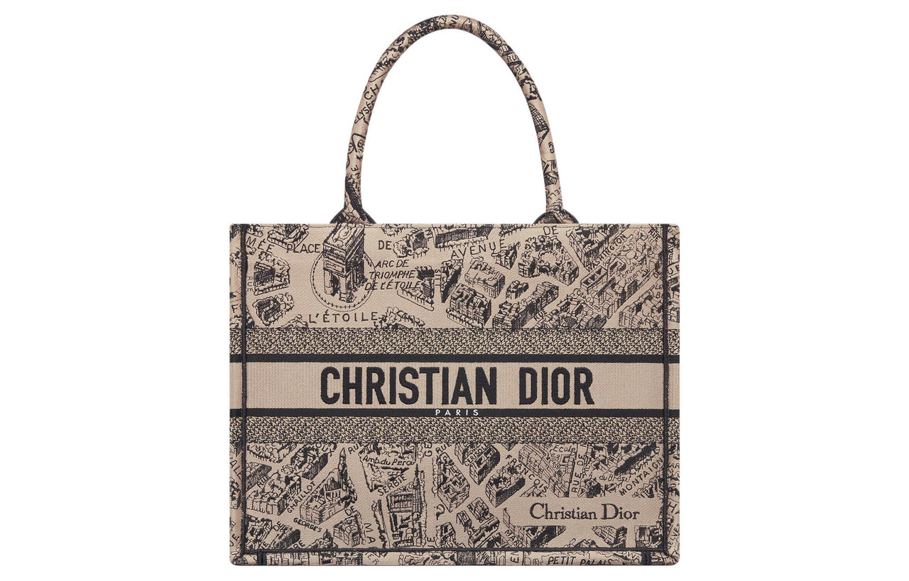 DIOR BookTote Embroidery Tote Bag Shopping Bag Handbag Medium Size Women's Beige/Black