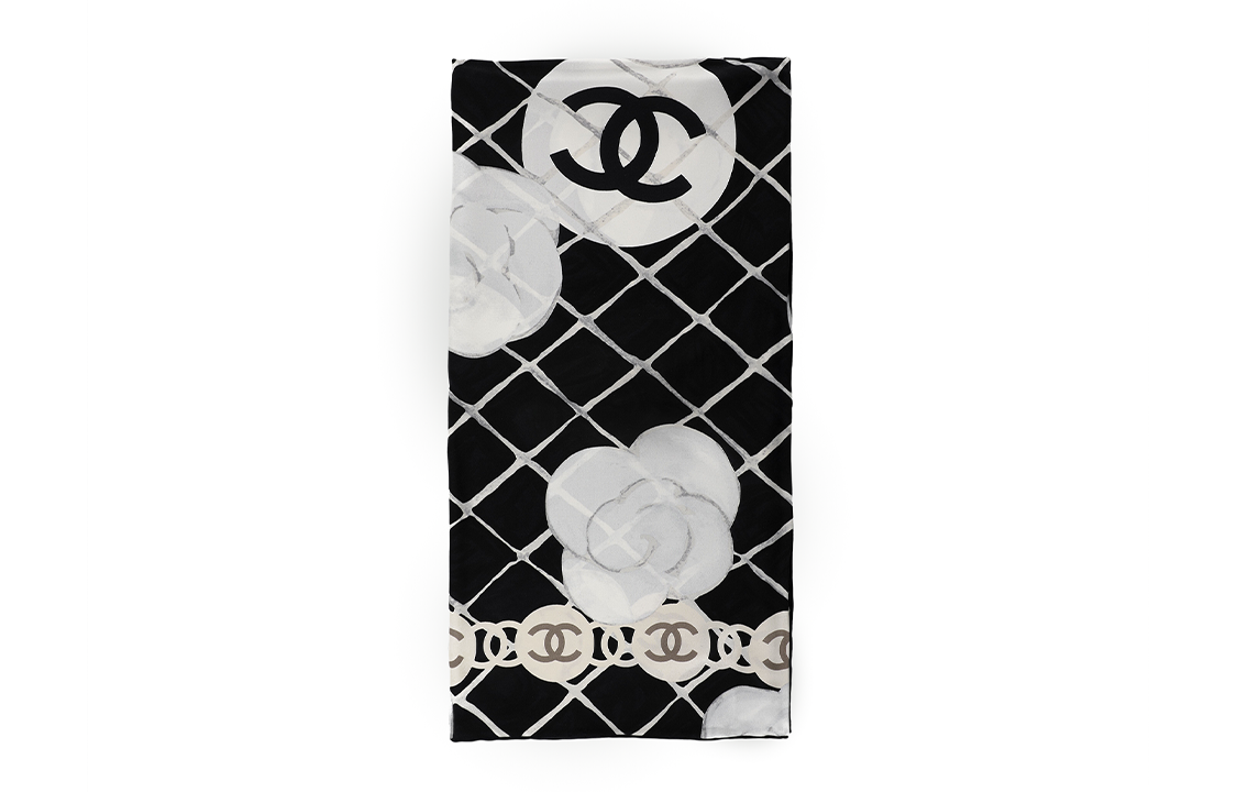CHANEL Silk Silk Scarves Women's Black White