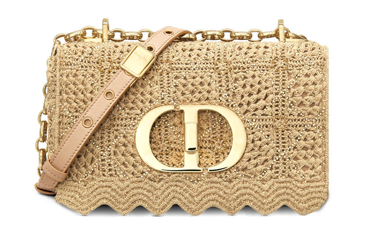 DIOR Caro Cotton Shoulder Bag Crossbody Bag Medium Size Women's Gold