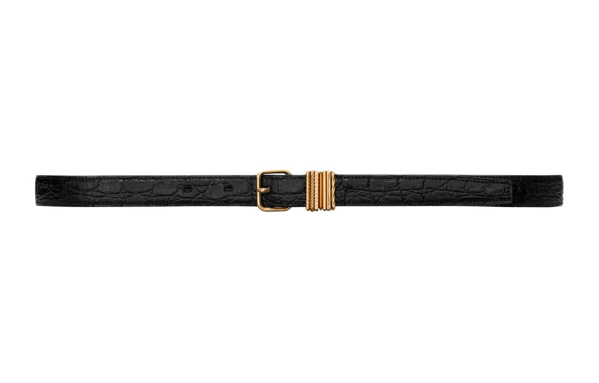 SAINT LAURENT Crocodile Pattern Embossed Pin Buckle Leather Belts Women's Black