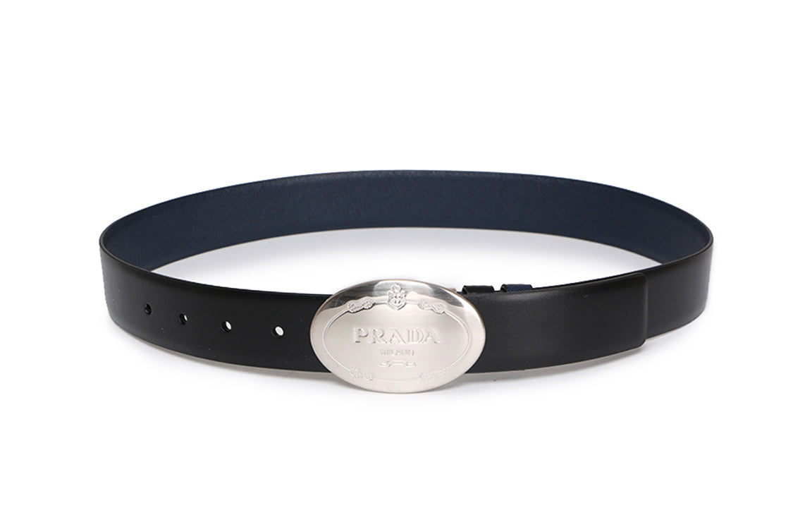 PRADA Cow Leather Plate Buckle Double-Sided Belt Belt Men's Black Width: 3.5cm