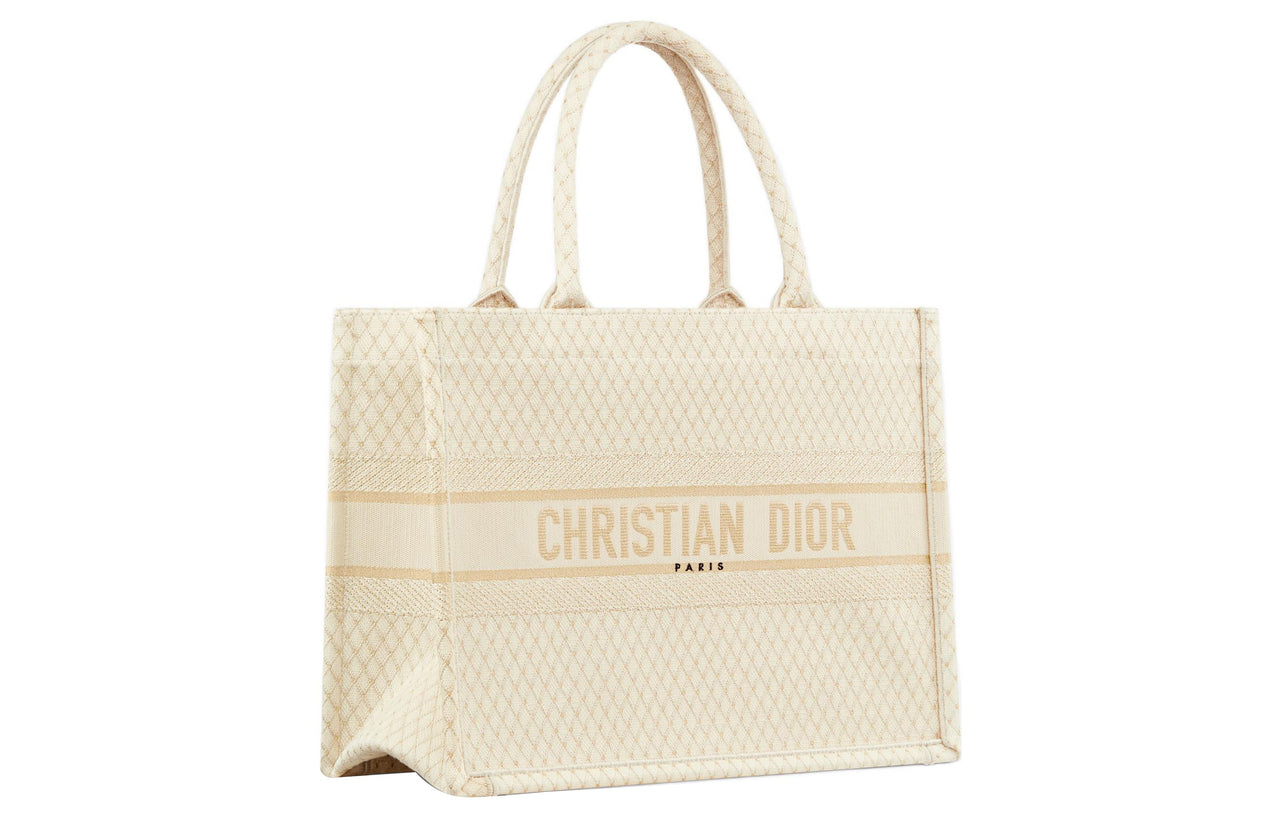 DIOR BookTote Embroidery Tote Bag Shopping Bag Handbag Medium Size Women's Beige