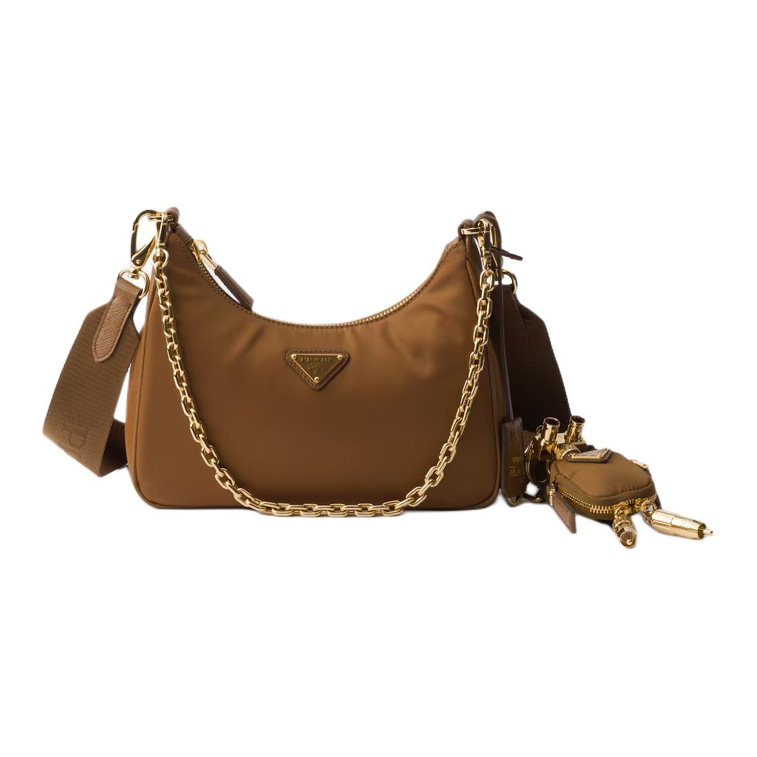 PRADA Re Edition Recycled Nylon With Cow Leather Shoulder Bag Women's Brandy