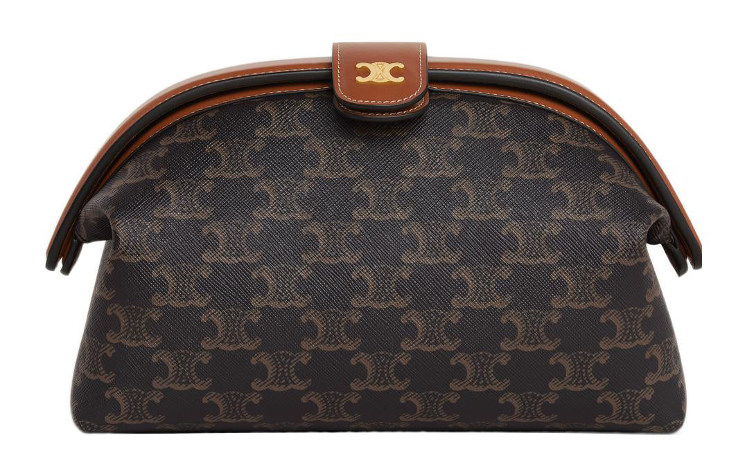 CELINE Triomphe Canvas With Calfskin Clutch Women's Black/Brown