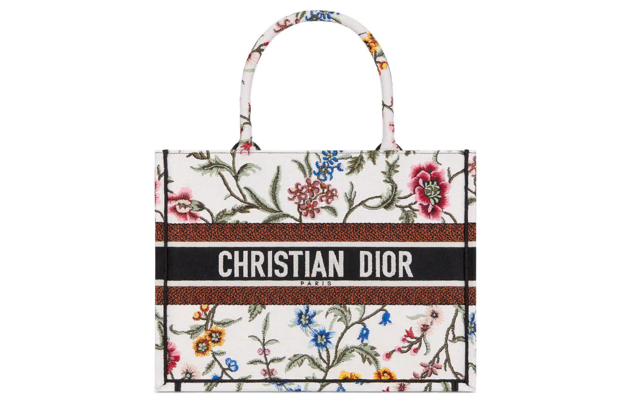 DIOR BookTote Embroidery Tote Bag Shopping Bag Handbag Medium Size Women's White/Multicolor