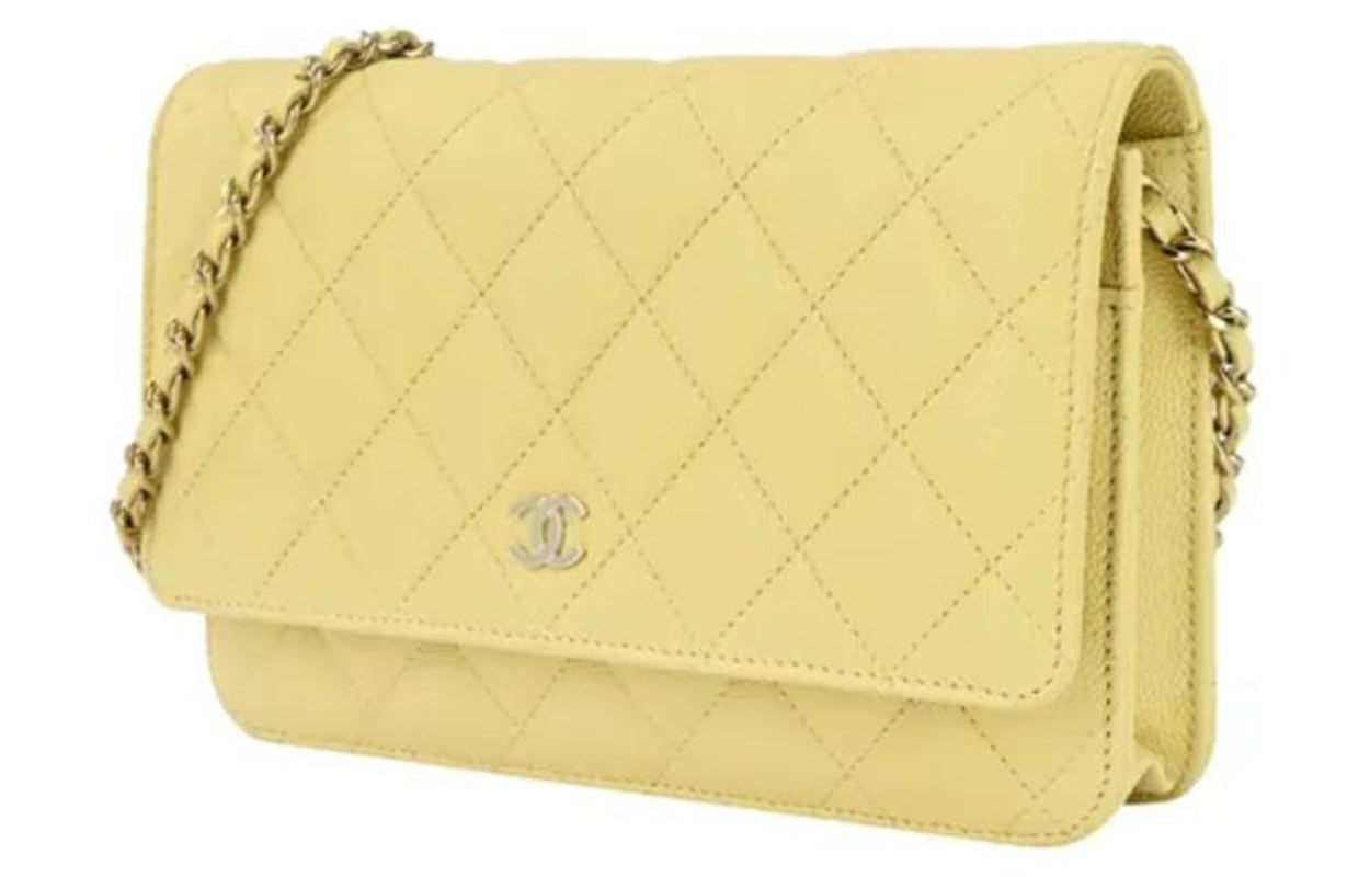 CHANEL Embossed Shiny Calfskin Shoulder Bag Crossbody Bag Women's Yellow