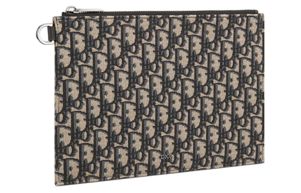 DIOR Oblique Printed Fabric With Grain Cow Leather Small Clutch Bag Men's Beige & Black