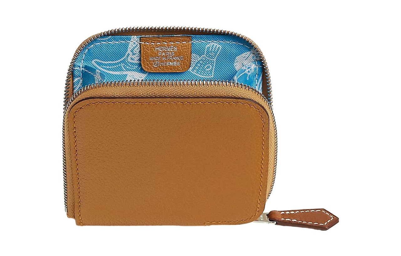 HERMES Silk'In Evercolor Calfskin Coin Purse Women's Caramel Brown With Blue Accents