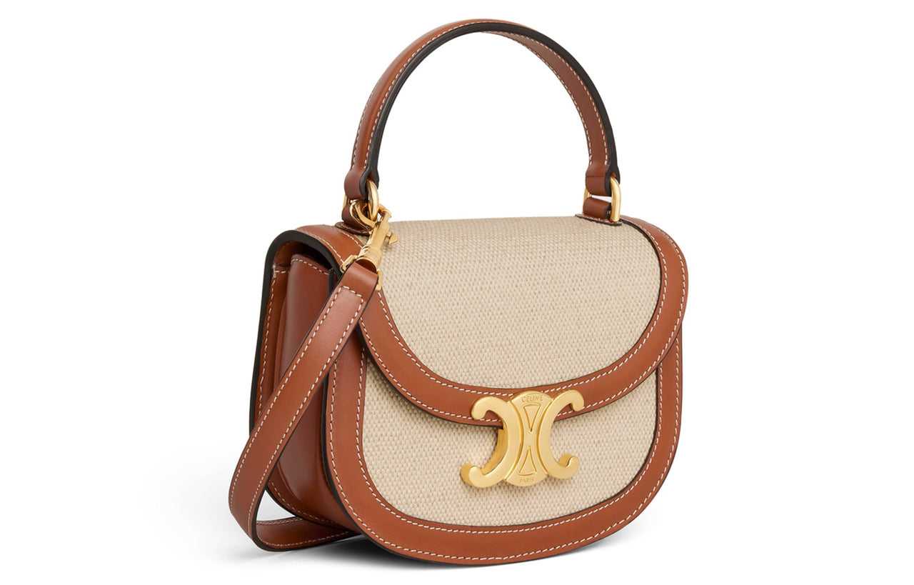 CELINE BesaceTriomphe Fabric With Calfskin Shoulder Bag, Crossbody Bag, Handbag Mini Women's Beige/Tan