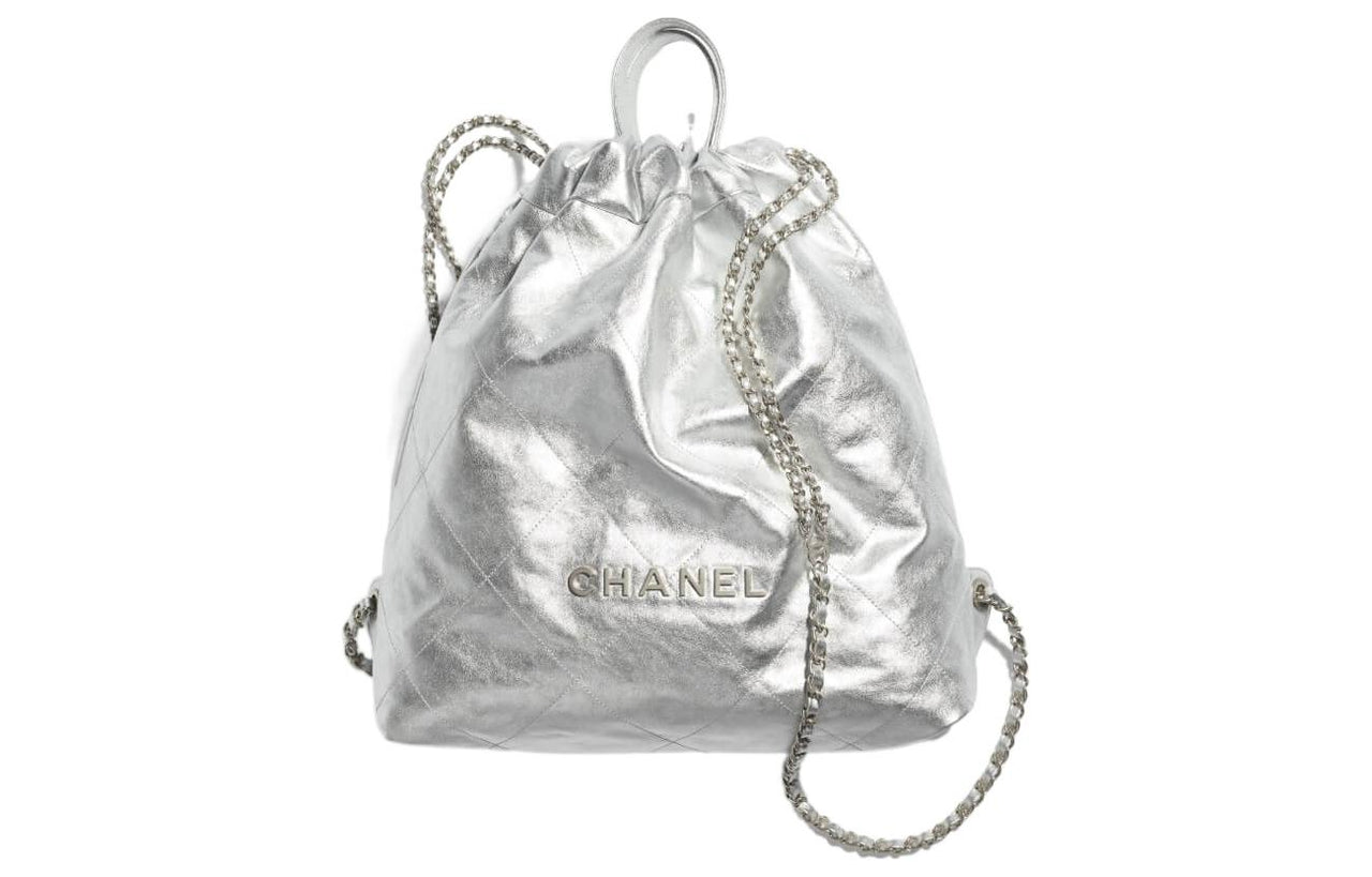 CHANEL Shiny Calfskin Backpack Large Size Women's Silver