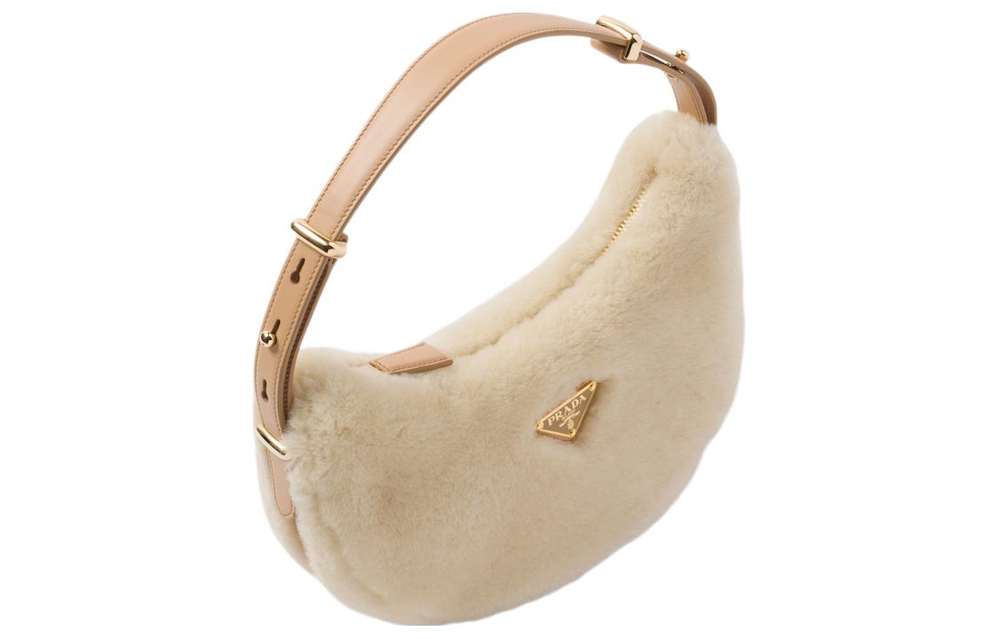 PRADA Arque Shearling With Leather Handbag, Shoulder Bag Regular Women's Natural & Light Umber