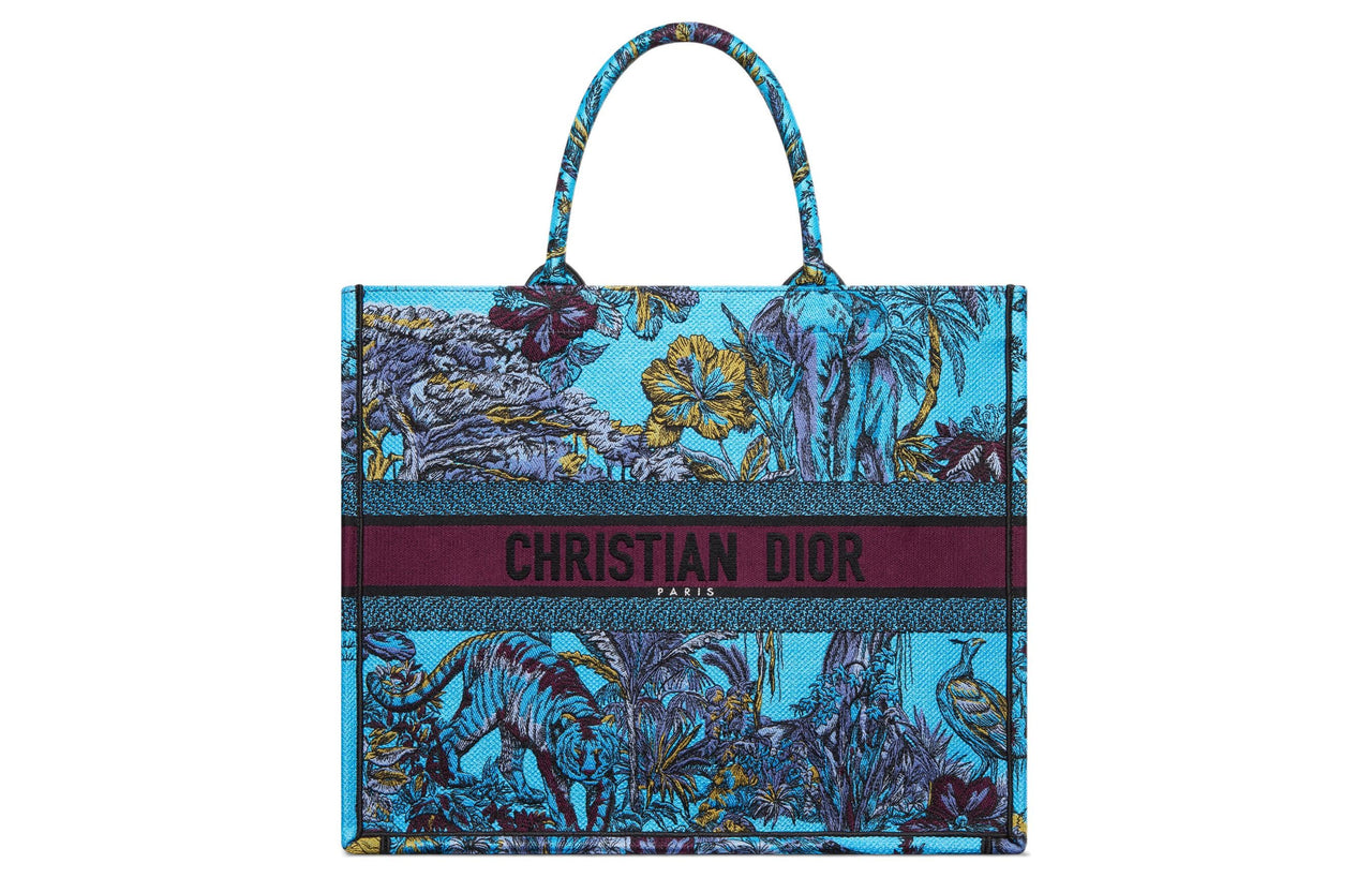 DIOR BookTote Embroidery Tote Bag Shopping Bag Handbag Large Size Women's Sky Blue Multicolor