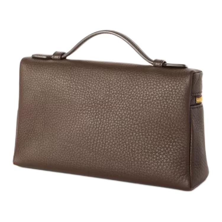 Loro Piana Cow Leather Shoulder Bag Crossbody Bag Handbag Women's Dark Licorice Chocolate With Sun Gold