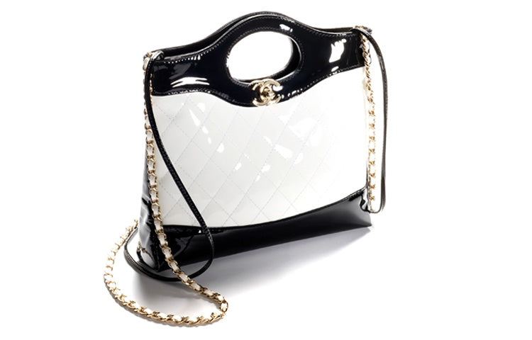 CHANEL Calfskin Patent Leather Shoulder Bag Crossbody Bag Handbag Mini Women's Black/White