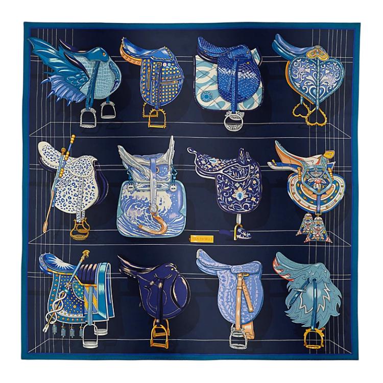 HERMES Mulberry Silk Silk Scarves Women's Marine Blue