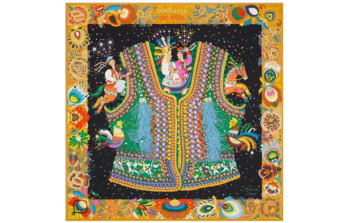HERMES Silk Scarves Women's Curry Yellow/Black/Green