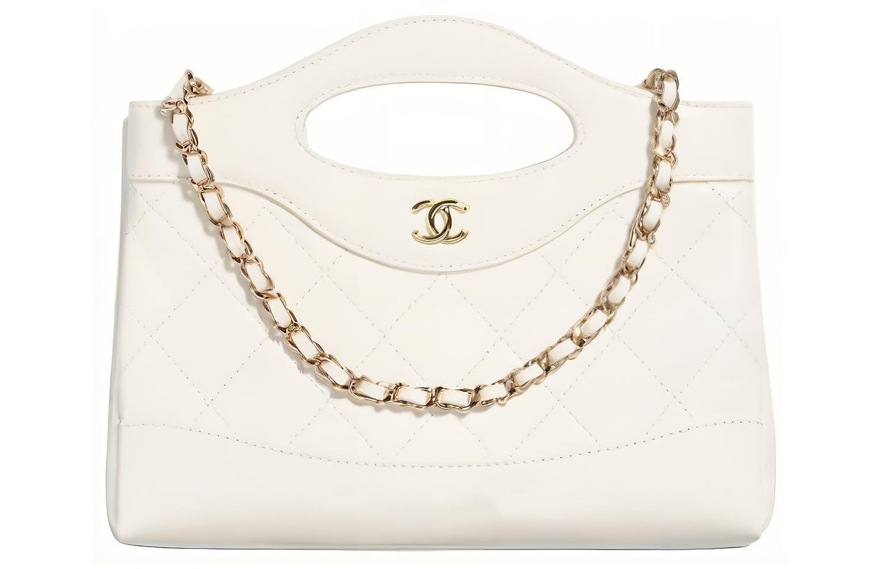 CHANEL Polished Lambskin Chain Handbag Shoulder Bag Crossbody Bag Mini Women's White